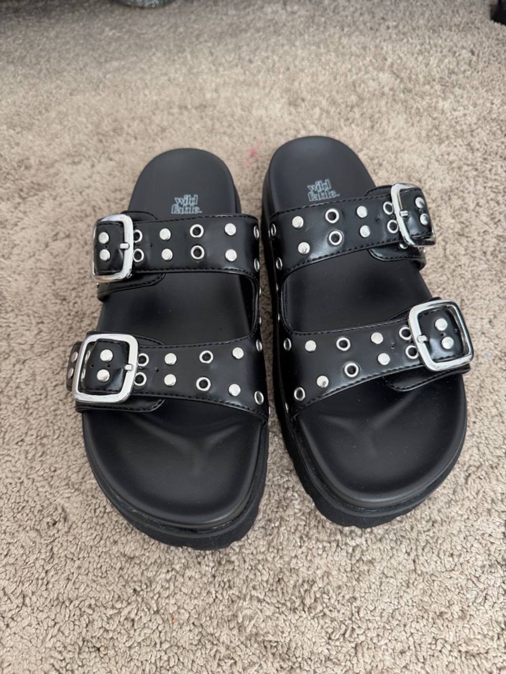 wild fable Black Studded Double-Buckle Slide Sandals